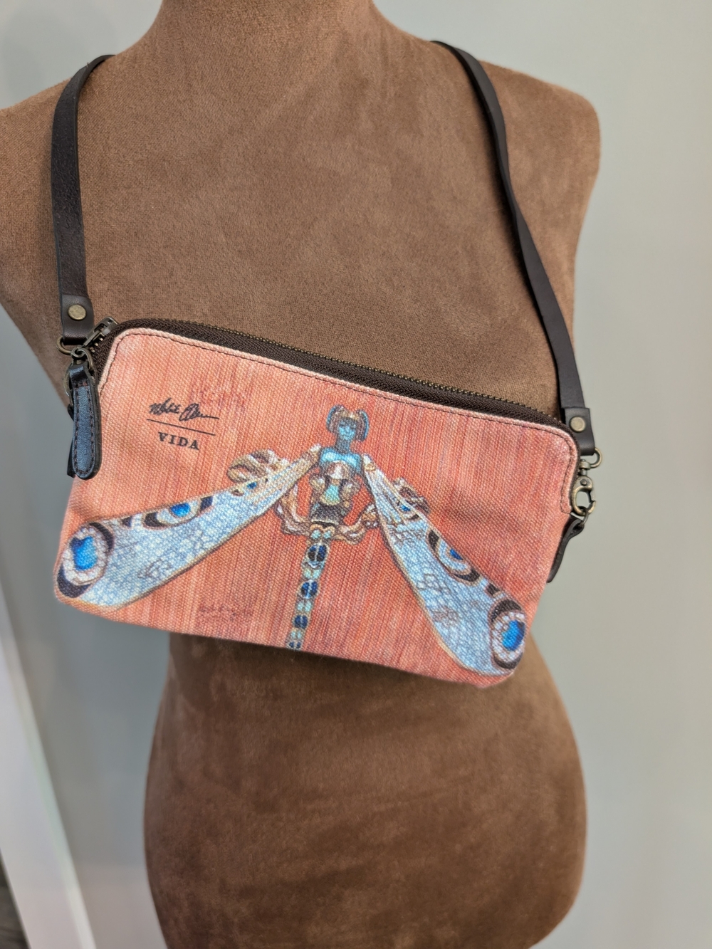 Vida Dragonfly Print Crossbody Bag in Coral Pink
